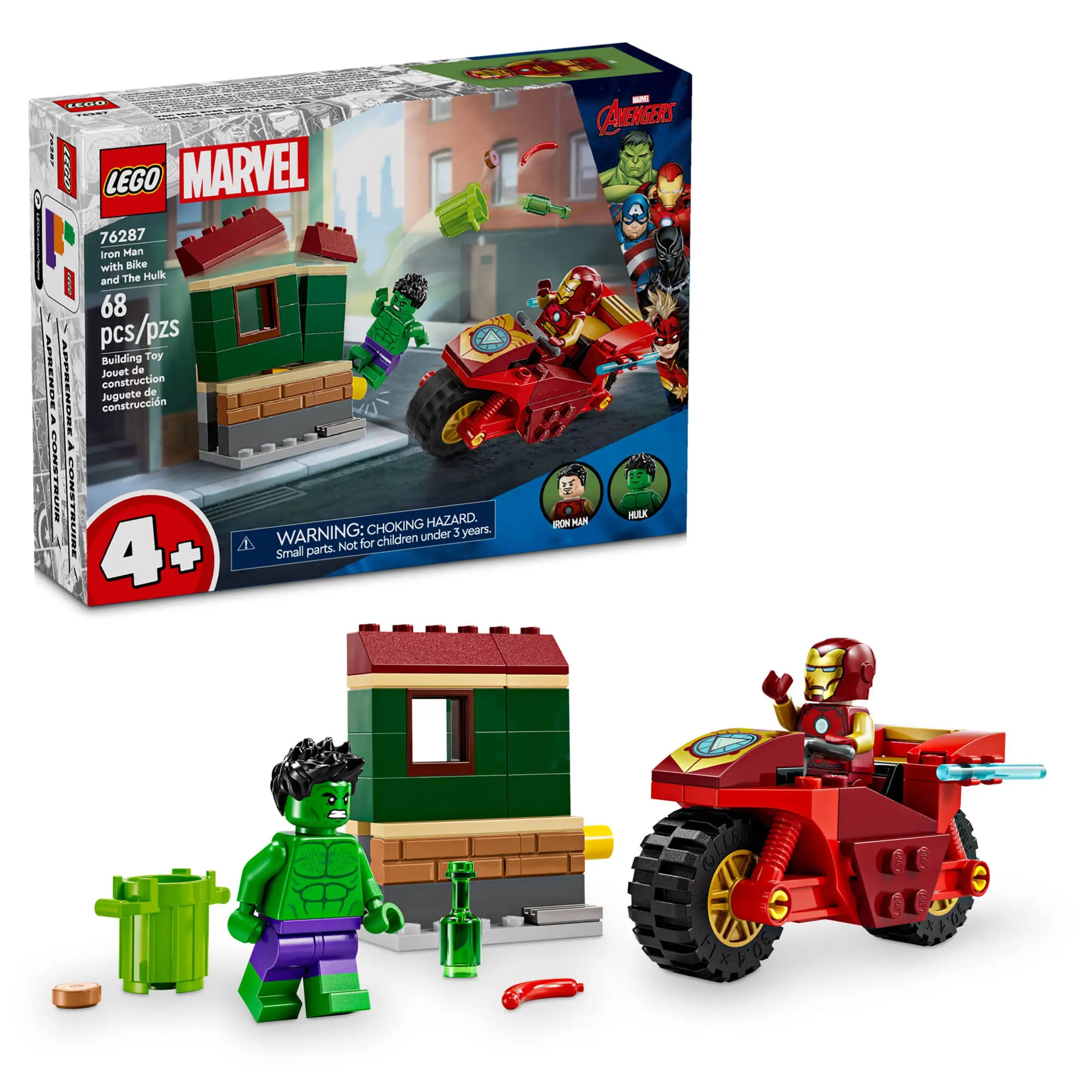 Iconic and recognizable LEGO charactersLEGO MARVEL 76287 Iron Man with Bike and The Hulk