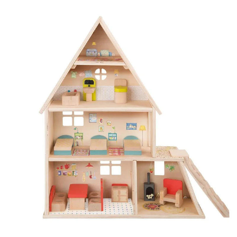 sturdy and reliable wooden toys that provide hours of fun                   Moulin Roty doll house with furniture