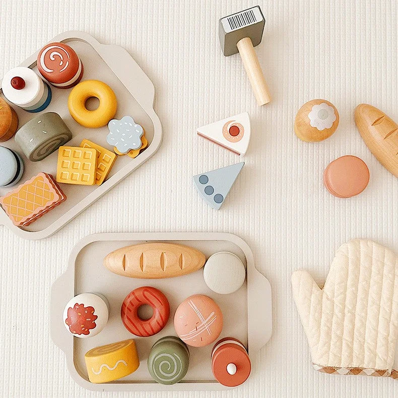 vibrant and colorful wooden toys for toddlers                   Wooden Role Play Toy Complete Dessert Kitchen Pretend Play Set