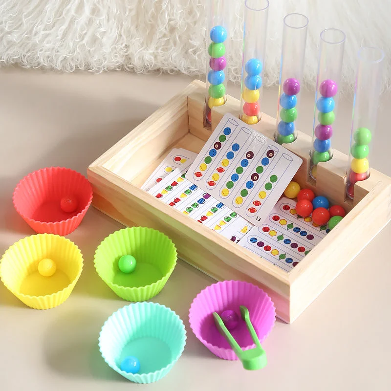 playful wooden toys                  Montessori Inspired Wooden Ball Colour Sorting with Test Tube & Number Cards
