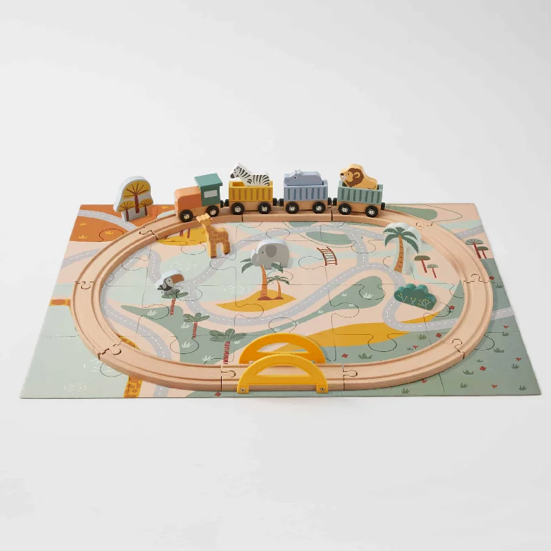 eco-friendly and safe wooden toys                   Wooden Jungle Animals Safari Train Track & Puzzle Set
