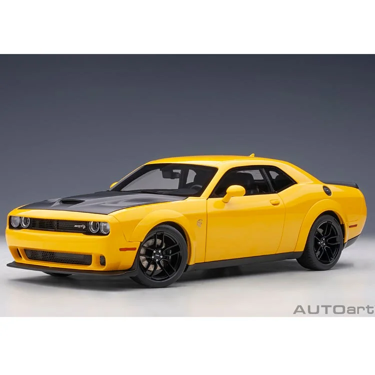 High-quality toy cars DODGE CHALLENGER SRT HELLCAT WIDEBODY 2018 (YELLOW JACKET/SATIN BLACK PAINTED HOOD) - 1:18 Scale Composite Model Car